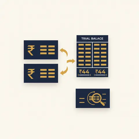 Diagram showing ledger T-accounts flowing into a Trial Balance with equal debit and credit totals, and a temporary Suspense Account below it that will close once errors are found.