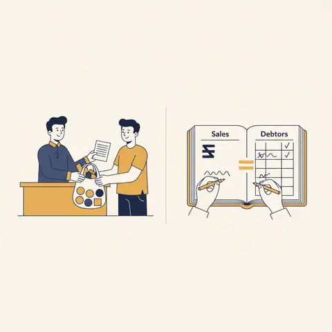 A kirana shop owner handing goods to a customer alongside a ledger showing two equal and opposite entries being recorded