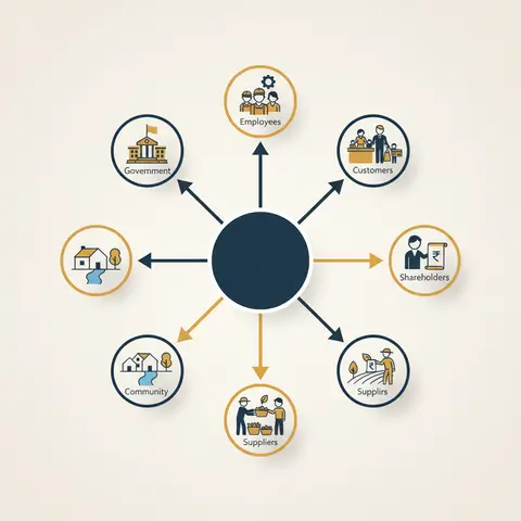 A stakeholder wheel diagram showing a business at the centre connected by two-headed arrows to six surrounding groups: employees, customers, shareholders, suppliers, community, and government.