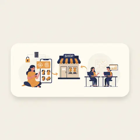 Illustration showing a shop using a mobile e-commerce app with a secure payment link on one side, and a BPO call centre handling the shop's customer service on the other side