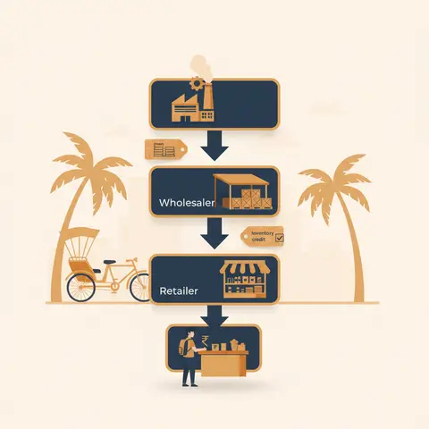 Flow diagram of internal trade: manufacturer ships bulk lots to wholesaler, wholesaler ships smaller batches to kirana retailer, retailer sells single items to a student consumer, with GST input-tax-credit labels on each arrow.