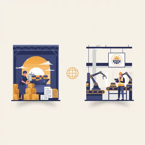 Split illustration contrasting exporting (Indian warehouse with cargo ship) and foreign direct investment (Indian-owned factory abroad)