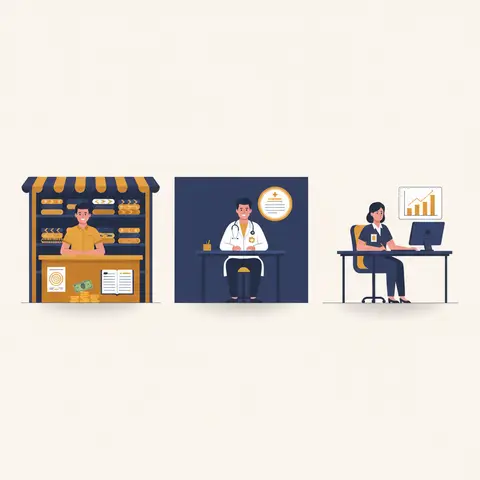Three-panel illustration comparing a shopkeeper, a doctor, and a bank employee to show the difference between business, profession, and employment.