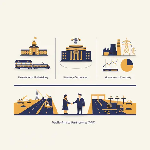 Infographic comparing three forms of public enterprise — departmental undertaking, statutory corporation, and government company — with a lower panel showing a PPP highway project and FDI.