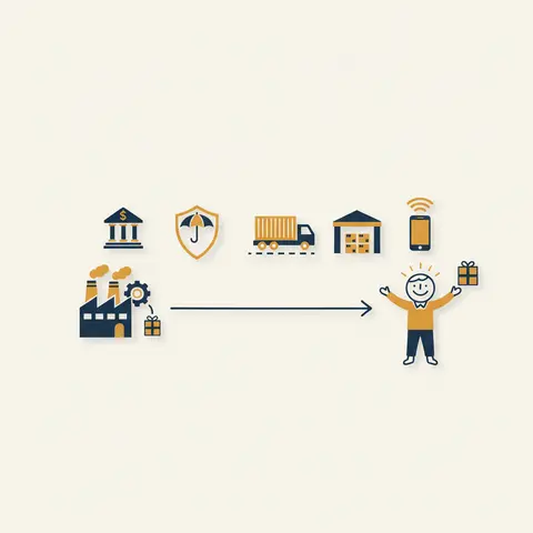 A flowchart showing a parcel travelling from a factory to a customer through five stages labelled Banking, Insurance, Transport, Warehousing, and Communication.