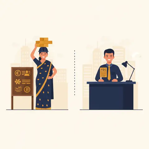 Side-by-side illustration contrasting an informal construction worker with no benefits against a formal office employee with EPF, health insurance and paid leave