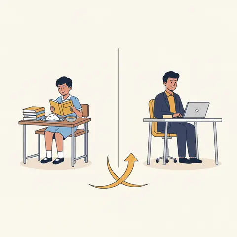 Split scene showing a school-age child studying with a nutritious meal beside them on the left, and the same person as a productive working adult on the right, connected by an upward arrow labelled Human Capital Investment.