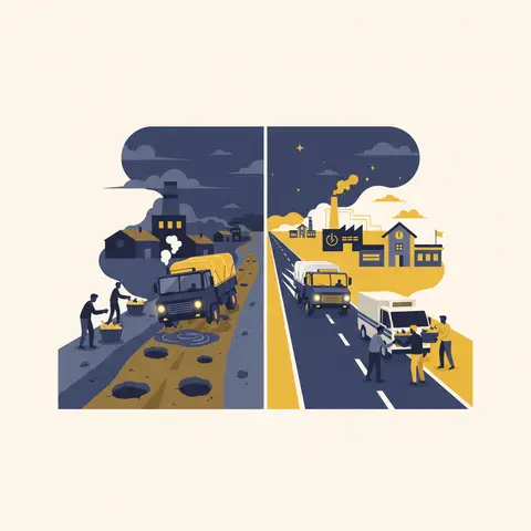 Split image contrasting poor rural infrastructure on the left — stuck truck, dark village, idle factory — with upgraded infrastructure on the right — smooth highway, lit village, active factory and refrigerated logistics