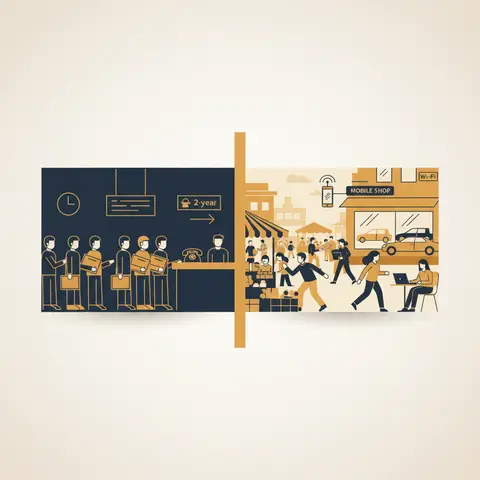 Split illustration contrasting India's Licence Raj era (long queue at government office) with the post-1991 liberalised economy (busy market, mobile phones, foreign cars).