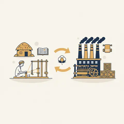 Split illustration comparing an Indian hand-loom weaver in a village with a British industrial textile mill, connected by arrows showing raw cotton flowing out of India and finished cloth flowing back in.