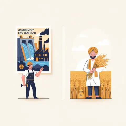 Split illustration: left side shows a dam and steel factory representing Five-Year Plan industrialisation; right side shows a Punjab wheat field and farmer representing the Green Revolution.