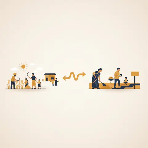 Split illustration showing a rural farming family at harvest time on the left and the same family at an MGNREGA worksite in the lean season on the right, with a circular arrow indicating the seasonal poverty cycle.