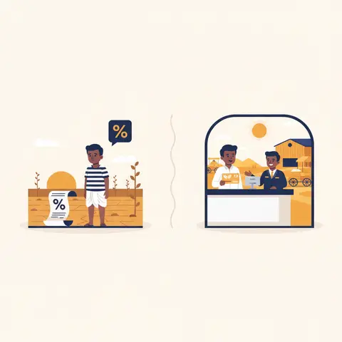 A before-and-after illustration contrasting a farmer trapped in debt with the same farmer accessing institutional credit and market infrastructure