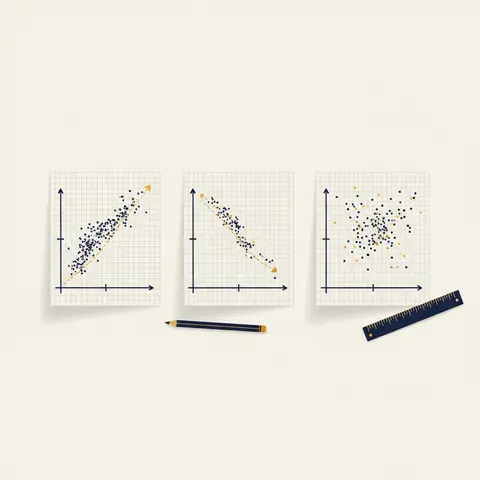 Three scatter diagrams showing positive correlation (upward slope), negative correlation (downward slope), and no correlation (random scatter).
