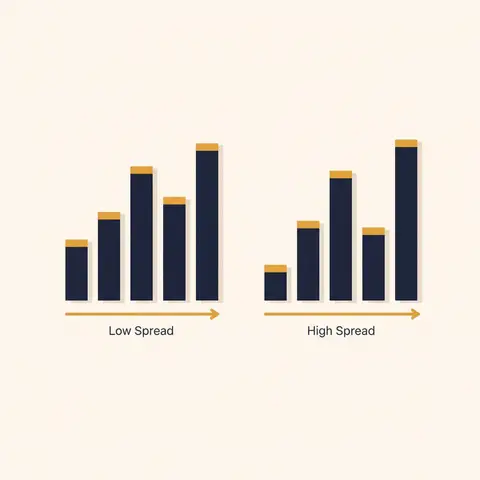 Two bar charts with identical averages but very different spread — one with uniform bar heights and one with highly unequal bar heights — illustrating low versus high dispersion