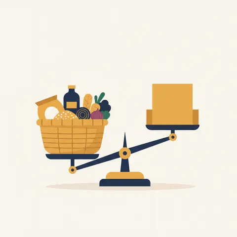 A weighing scale with a grocery basket on one side and an index value of 140 on the other, showing how index numbers measure the average rise in prices above a base year of 100.