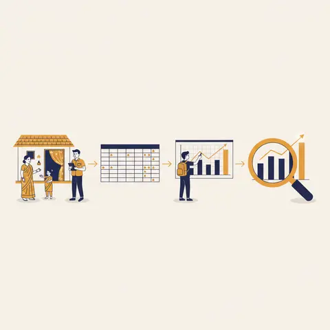 A four-stage diagram showing the statistical process: data collection at a household, organisation into a table, presentation as a bar chart, and analysis with a magnifying glass finding a trend.