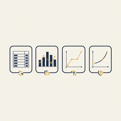 Four data presentation methods shown side by side: frequency table, histogram with touching bars, frequency polygon overlay, and an S-shaped ogive curve