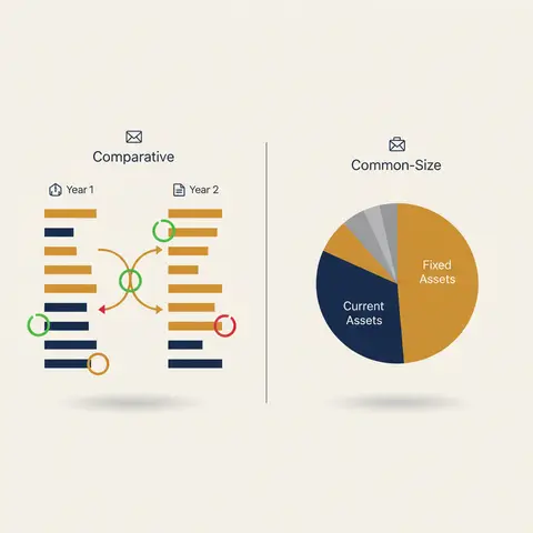 Two-panel diagram showing a comparative balance sheet with year-on-year rupee changes on the left, and a common-size pie chart breakdown of total assets on the right.
