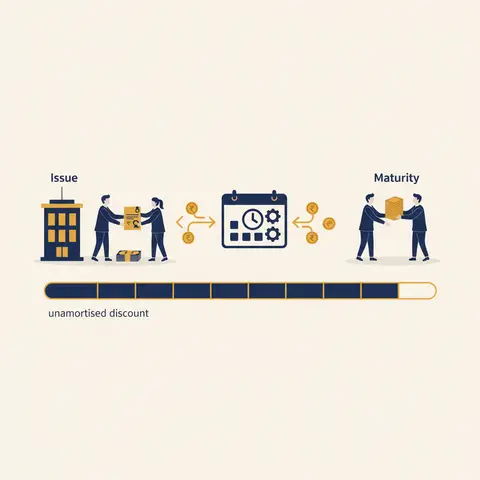 Timeline diagram showing a debenture's journey from issue at discount, through annual interest payments, to full repayment at face value on the maturity date, with a bar showing the discount amortising to zero.