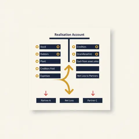 A T-account diagram of the Realisation Account during partnership dissolution, with assets on the debit side and cash proceeds on the credit side, and arrows showing the net loss flowing into each partner's capital account.