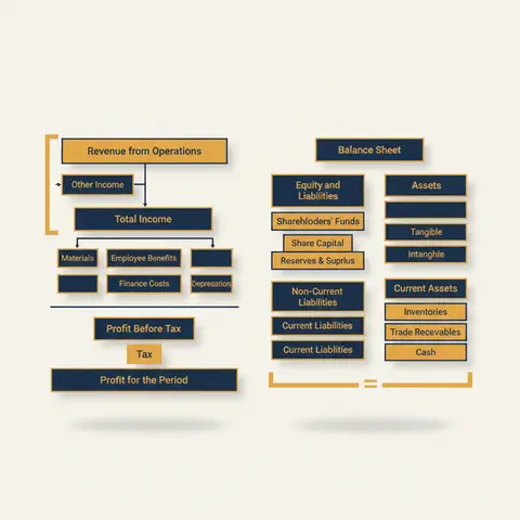 Diagram showing the Schedule III layout: Statement of Profit and Loss on the left and Balance Sheet on the right, with the key headings and their hierarchy indicated.