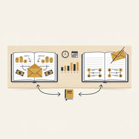 Two open account books side by side: Receipts and Payments (cash-based, all items including a government grant) and Income and Expenditure (accrual-based, grant excluded), both feeding arrows into a Balance Sheet ledger below.