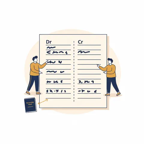 A Partnership Profit and Loss Appropriation Account ledger showing interest on capital, salary, and profit share on the debit side balanced against net profit on the credit side, with two partners illustrated alongside their respective entries.