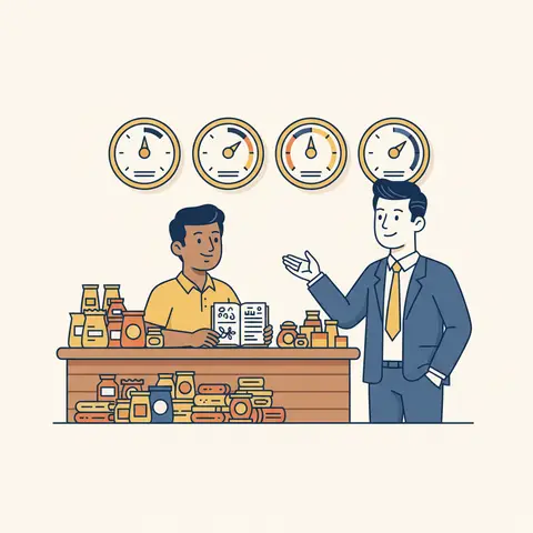 Four financial ratio gauges on a wall — Liquidity, Solvency, Activity, Profitability — each with a needle indicator, while a shopkeeper and banker review documents at a desk below.