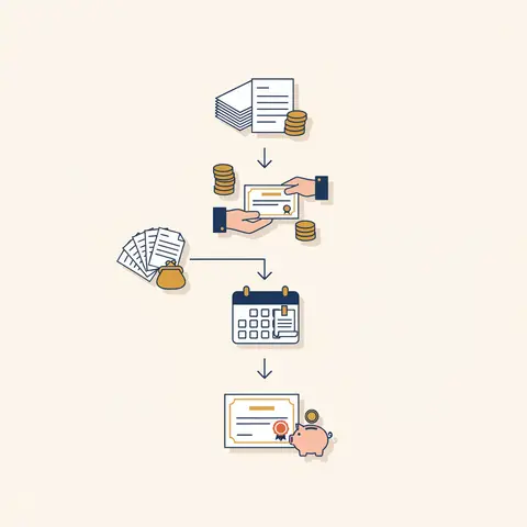 Vertical four-stage timeline of a share issue: application, allotment, calls, and forfeiture leading to capital reserve
