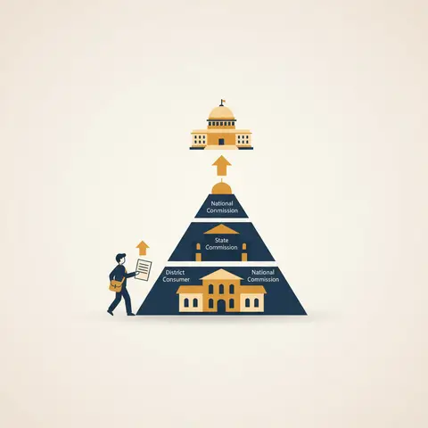 Three-tier pyramid of Indian consumer courts: District at base, State in middle, National at top, with a person approaching the base level