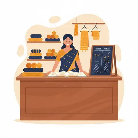A boutique owner comparing her actual sales figures against her Onam targets on a chalkboard, illustrating the controlling process of measuring performance against standards.