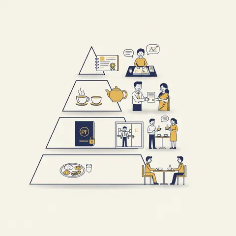 Five-layer pyramid diagram of Maslow's Hierarchy of Needs with an Indian workplace illustration at each level from physiological needs at the base to self-actualisation at the top