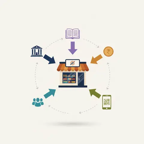 Diagram showing a small Indian shop at the centre with five labelled arrows representing the Political, Economic, Social, Technological, and Legal forces of the business environment converging on it.