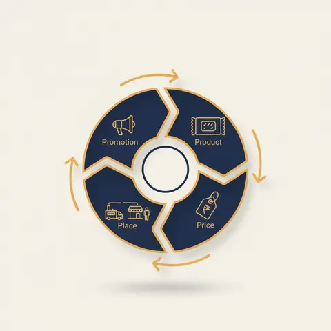 Diagram of the 4 Ps marketing mix showing Product, Price, Place, and Promotion as four interconnected segments with arrows indicating their interdependence