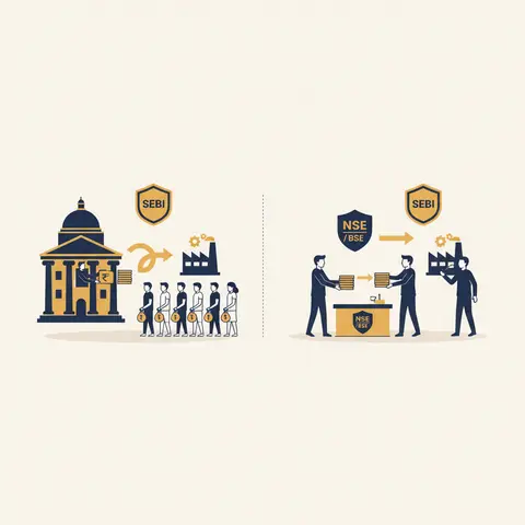 Diagram showing money flowing from investors to a company in the primary market (IPO), versus investors trading shares between themselves in the secondary market with no money reaching the company