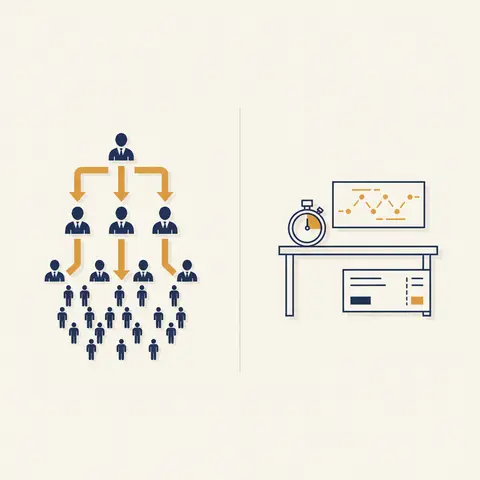 Split diagram showing Fayol's organisational hierarchy on the left and Taylor's workstation time-study setup on the right, illustrating how both frameworks operate at different levels of management.