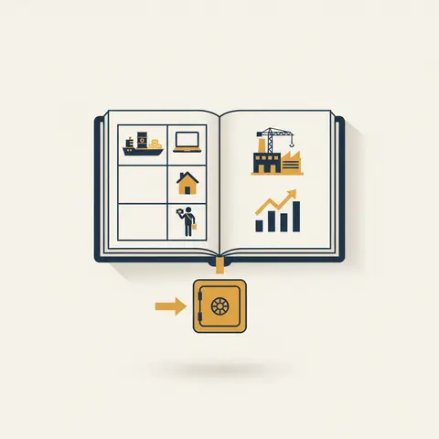 A ledger divided into Current Account (visible goods and invisible services/remittances) and Capital Account (FDI and portfolio investment), with a reserve vault below showing how the balance flows.