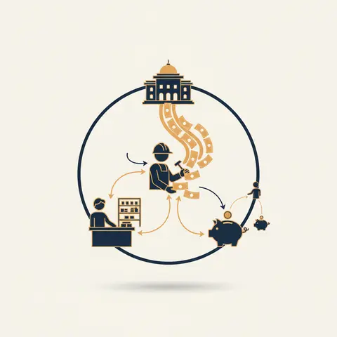 Circular flow diagram showing how an initial government spending injection multiplies through the economy in successive rounds, with savings and imports as leakages reducing each round.