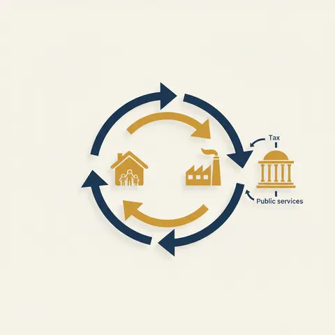 Circular flow of income diagram showing households, firms, and government connected by arrows representing income payments and spending