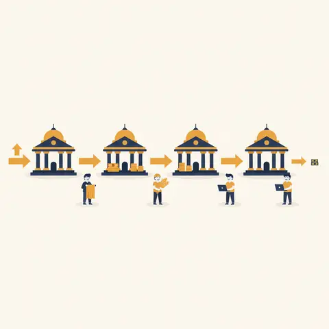 Diagram showing credit creation across four banks, with each bank receiving a smaller deposit and lending a fraction, demonstrating the money multiplier effect