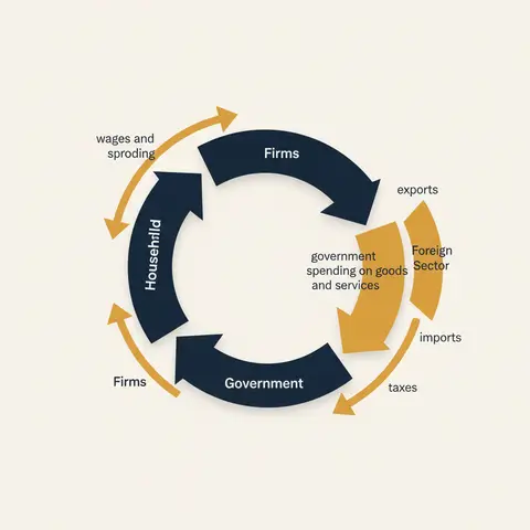 Circular flow diagram showing money and goods moving continuously between households, firms, government, and the foreign sector
