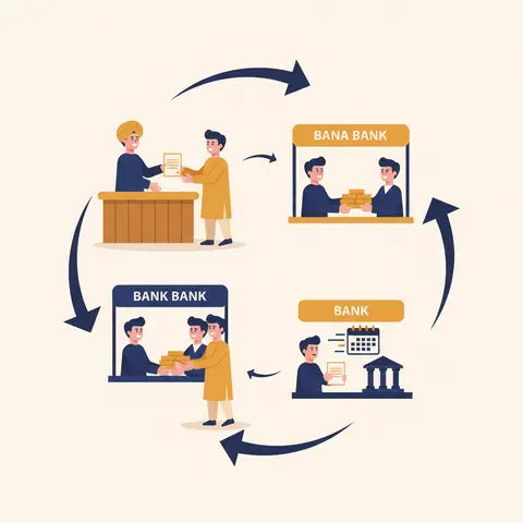 Step-by-step lifecycle diagram of a bill of exchange showing the roles of drawer, drawee, and bank from drawing through acceptance, discounting, and final payment at maturity