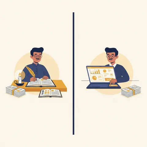 Side-by-side comparison of manual bookkeeping with ledger books versus computerised accounting on a laptop, showing the same data processed two ways.