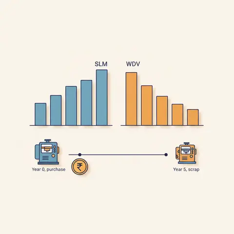 Two bar charts comparing SLM and WDV depreciation over five years, with equal bars for SLM and declining bars for WDV, plus a timeline showing cash paid only at purchase.