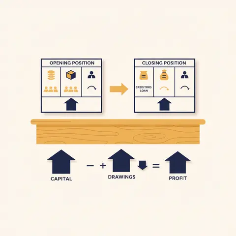 Two Statements of Affairs dated one year apart on a shop counter, with an arrow between them and the profit formula written below.