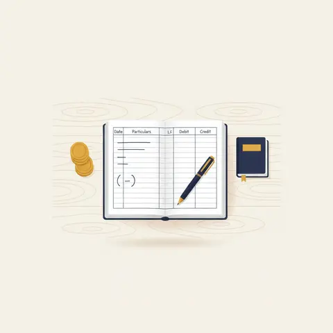 An open journal book showing the standard five-column ruling with a sample debit and credit entry written in, alongside coins and a ledger
