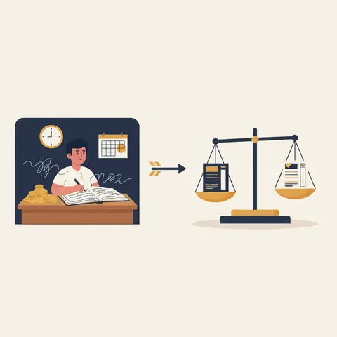 A kirana shop owner recording transactions in a ledger on the left; on the right, a weighing scale with Assets on one pan and Liabilities plus Capital on the other, perfectly balanced.