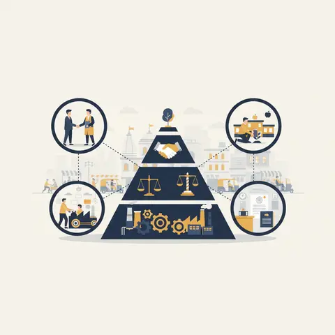 A four-layer pyramid showing the levels of corporate social responsibility — economic at the base, then legal, then ethical, then philanthropic at the top — with small scenes illustrating each level.