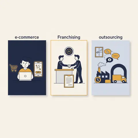 Three panels illustrating e-commerce, franchising, and outsourcing as modern modes of business